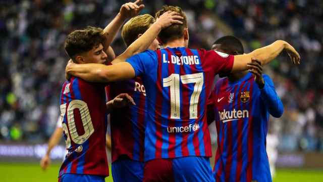 Los jugadores del Barça celebran el segundo gol ante el Real Madrid, en la Supercopa, marcado por Ansu Fati / FCB