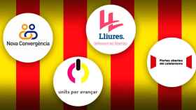 Logotipo de los partidos: Nova Convergència, Units per avançar, Lliures y Portes Obertes al Catalanisme sobre la bandera catalana / FOTOMONTAJE DE CG