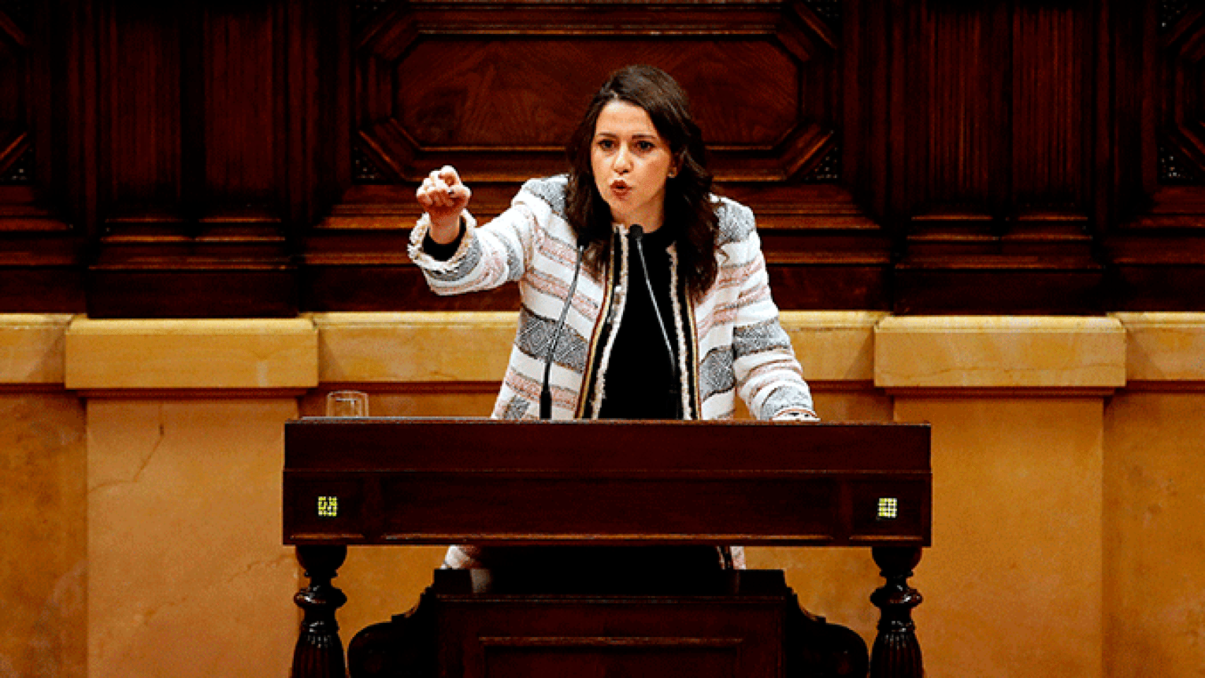 Inés Arrimadas, líder de Ciudadanos en Cataluña, durante su intervención en el pleno de este sábado / EFE