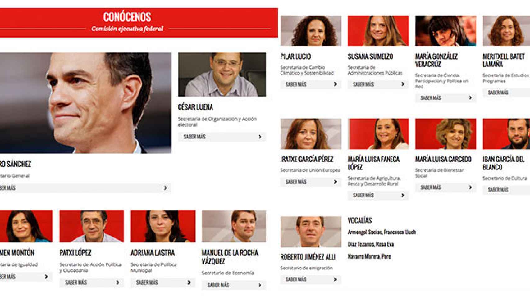 Capturas de pantalla de la Comisión Ejecutiva Federal del PSOE en su página web, en la que no figuran los 17 dimitidos / FOTOMONTAJE CG