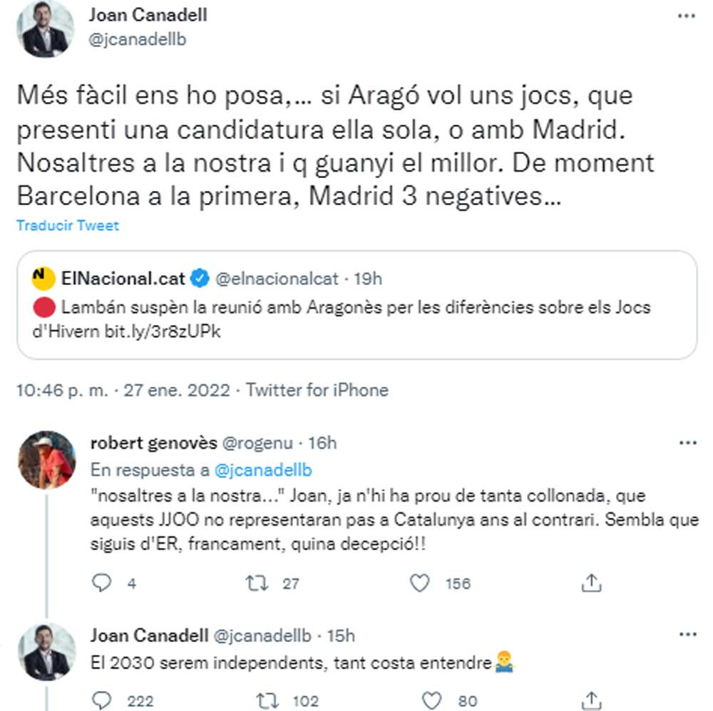 Canadell, criticando al presidente de Aragón en Twitter