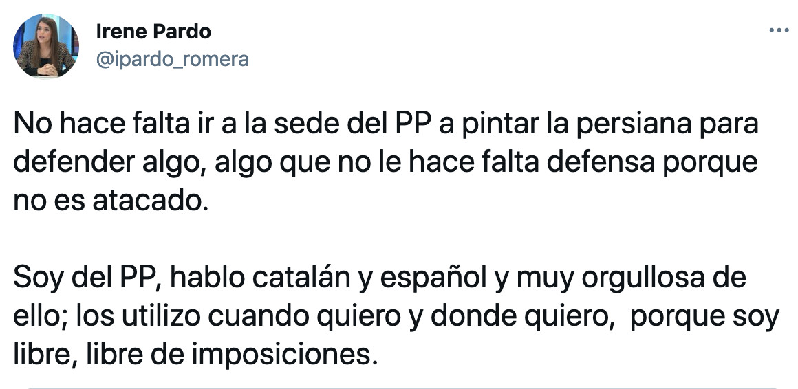 La presidenta de NNGG del PP en Cataluña, Irene Pardo, condena el ataque contra la sede del partido / TWITTER