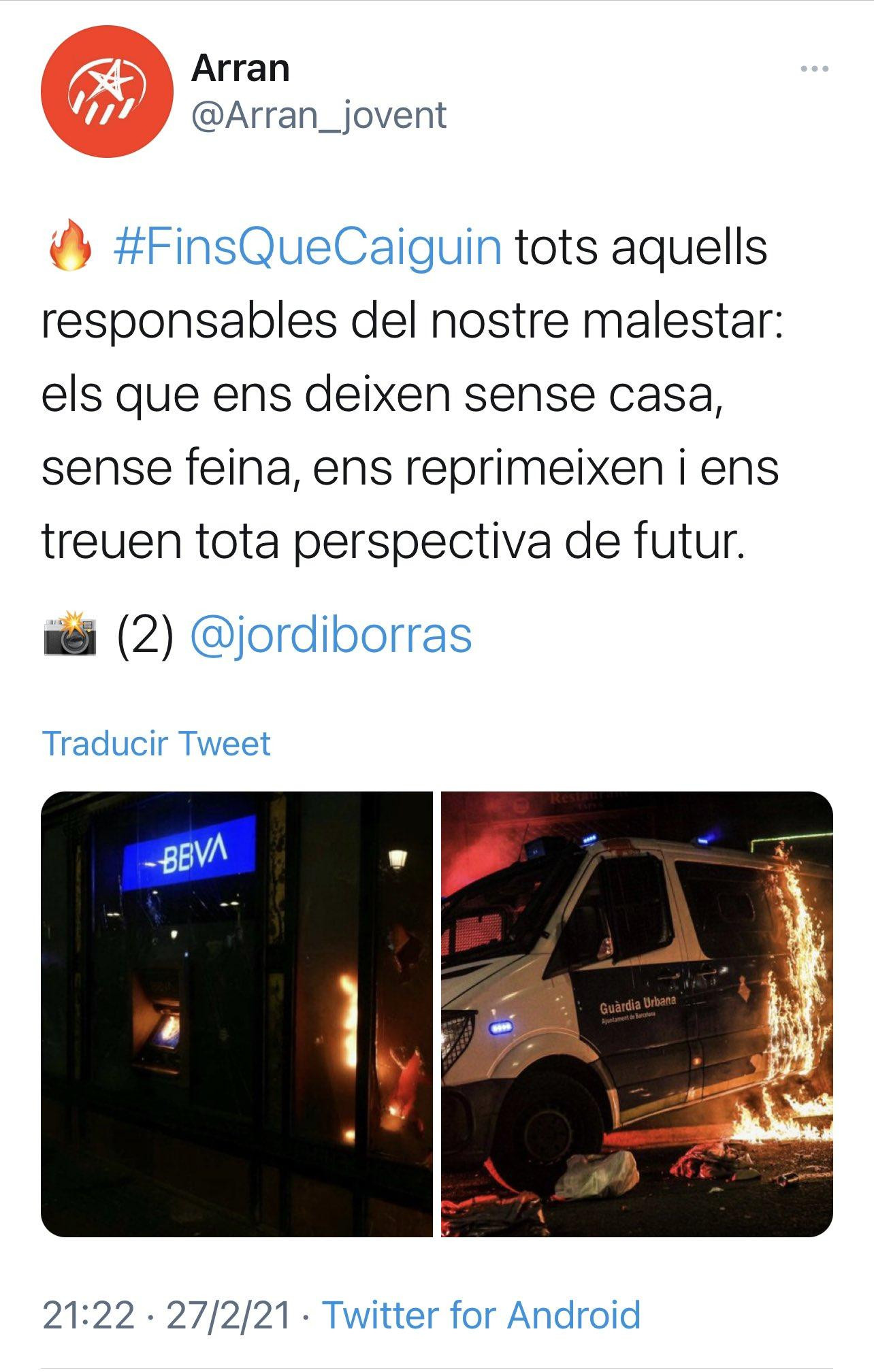 El mensaje de Arran jaleando el ataque incendiario contra un furgón de la Guardia Urbana / CG