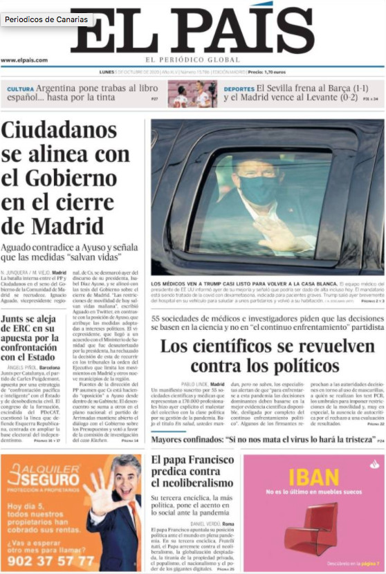 Portada de 'El País' del 5 de octubre de 2020 / KIOSKO.NET
