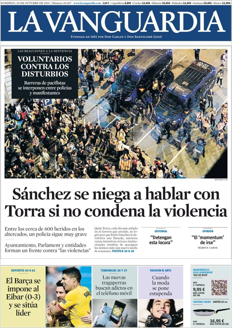 Portada de 'La Vanguardia' del domingo 20 de octubre