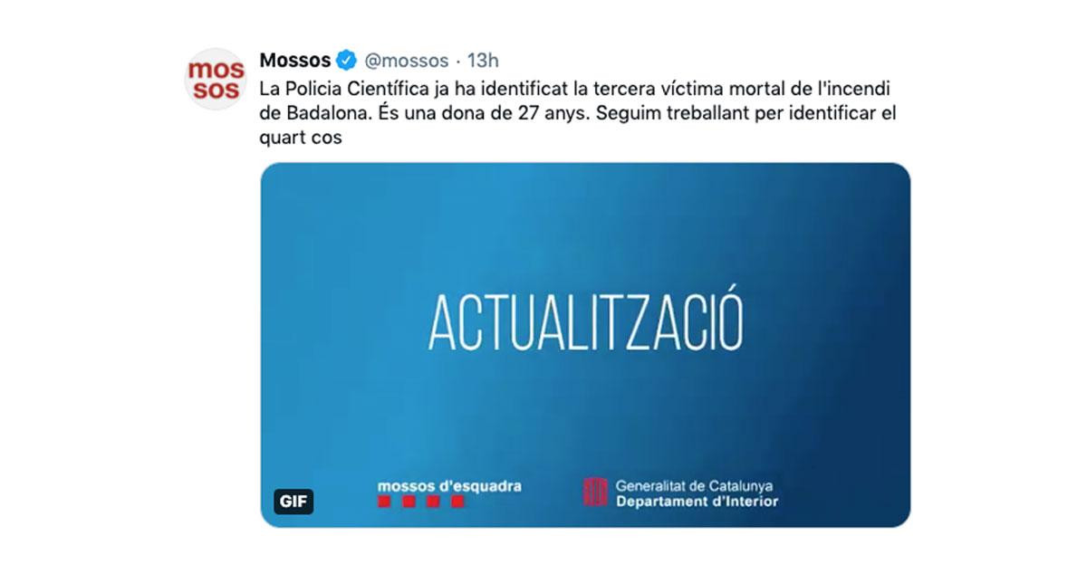 Los Mossos d'Esquadra confirman la identificación de una tercera víctima en Badalona / TWITTER