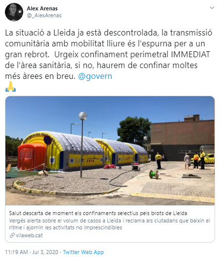 Tuit de Àlex Arenas afirmando que los rebrotes del coronavirus en Lleida están fuera de control