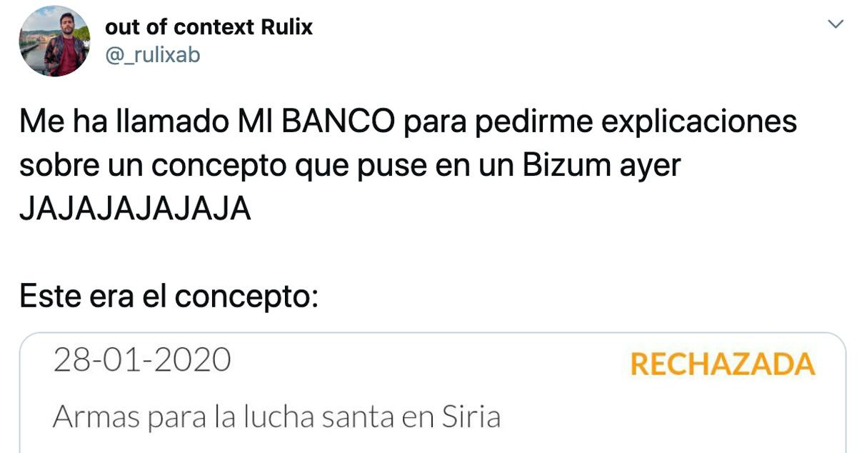 El tuitero @_rulixab tuvo que dar explicaciones a su banco sobre el concepto que puso en una transferencia