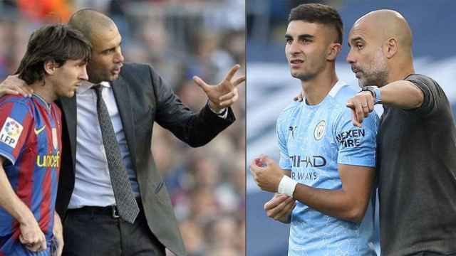 Guardiola con Messi a la izquierda y con Ferran Torres a la derecha / CM