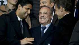 Nasser Al Khelaifi y Florentino Pérez en un partido entre el Real Madrid y el PSG / EFE