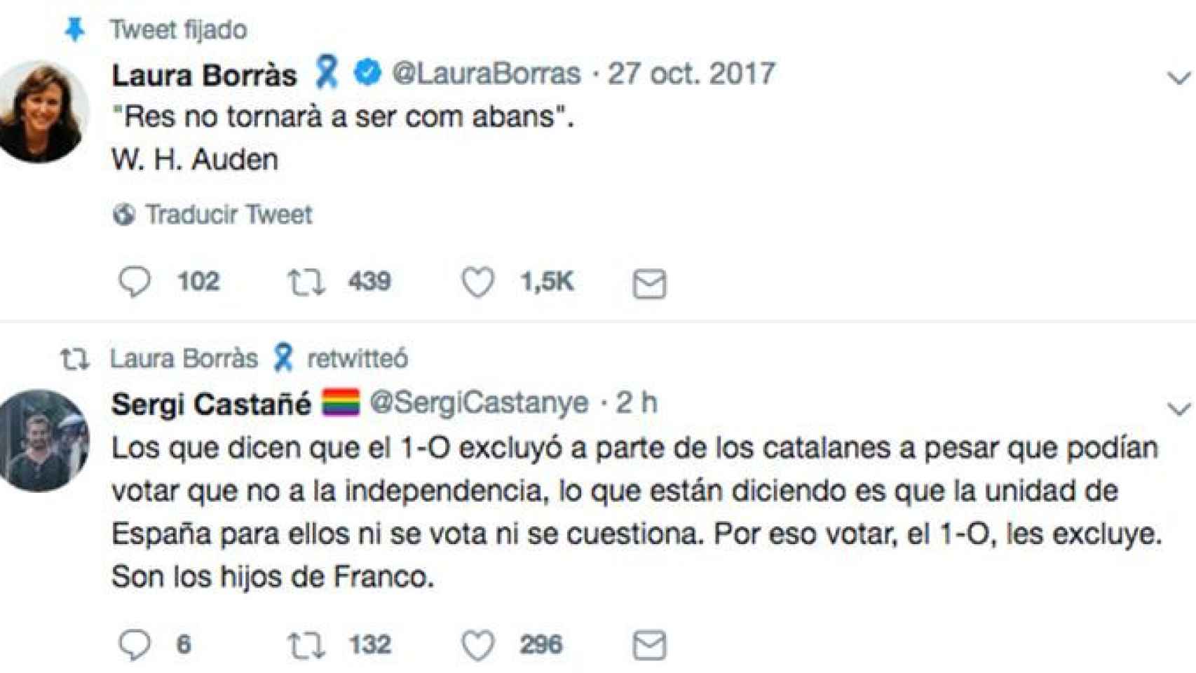 El polémico 'tuit' que ha difundido la consellera Laura Borràs en su perfil de Twitter / @lauraborras