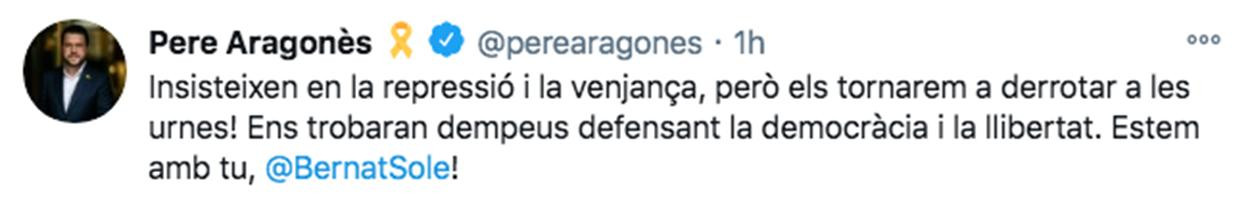 Pere Aragonès muestra su apoyo a Bernat Solé