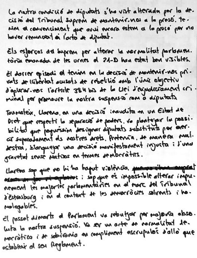 Carta de Carles Puigdemont desde Waterloo