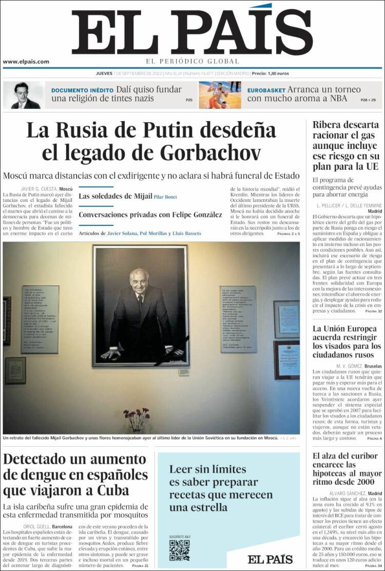 Portada de 'El País' del 1 de septiembre de 2022 