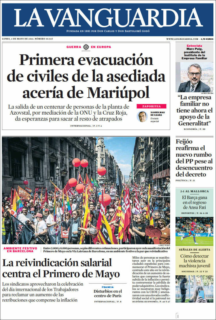 Portada 'La Vanguardia' 2 de mayo de 2022 / KIOSKO.NET