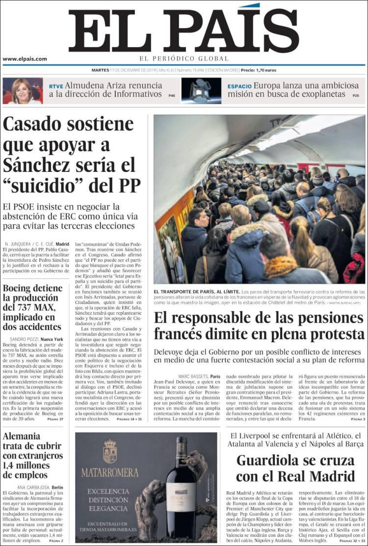 Portada de 'El País' del martes 17 de diciembre