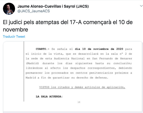Jaume Alonso-Cuevillas avanza la fecha del juicio / TWITTER