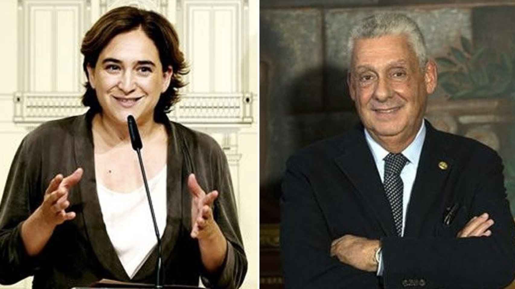 La alcaldesa de Barcelona, Ada Colau (izquierda), y el presidente del Gremio de Hoteles, Jordi Clos (derecha)