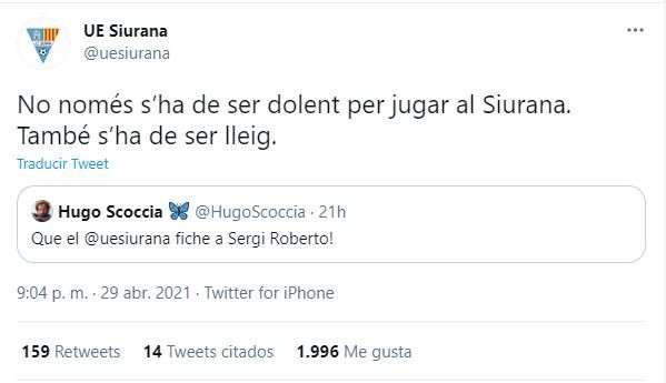 El tuit de la UE Siurana sobre Sergi Roberto / REDES