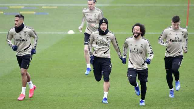 James Rodríguez y Marcelo en un entrenamiento del Real Madrid / EFE