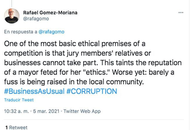 El tuit del arquitecto Rafael Gómez-Moriana denunciando corrupción / TWITTER