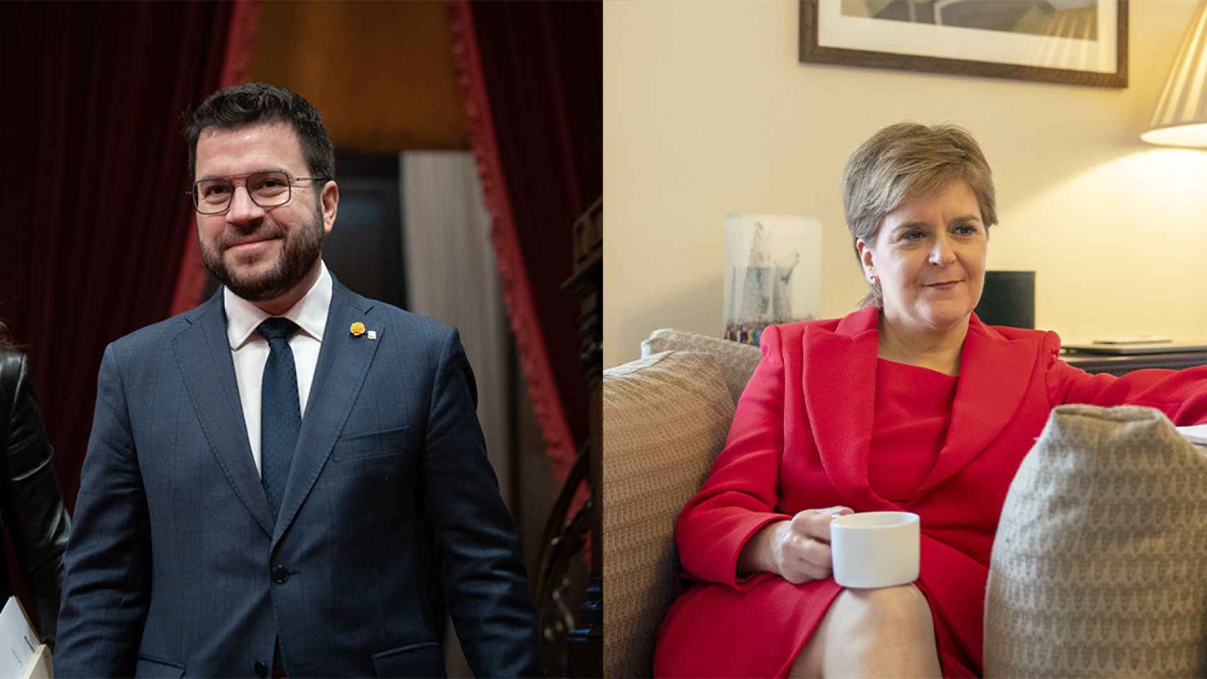 El presidente de la Generalitat de Cataluña, Pere Aragonès, y la exprimera ministra de Escocia, Nicola Sturgeon / JANE BARLOW - PA WIRE DAVID ZORRAKINO - EUROPA PRESS