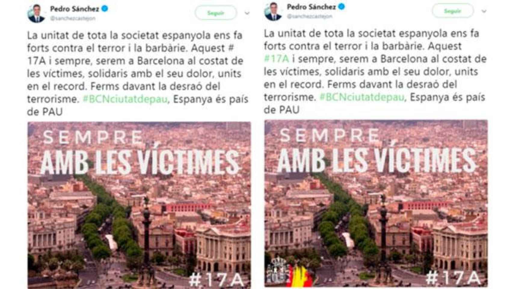 El tuit de Pedro Sánchez sobre el 17A en catalán y la corrección con el escudo y los colores de la bandera españoles / TWITTER