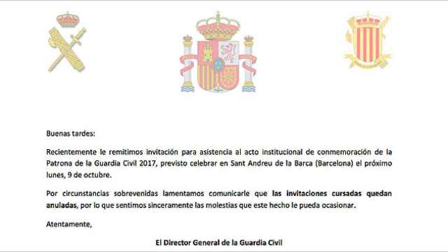 Fragmento del comunicado de la Guardia Civil de la anulación de la conmemoración de la Patrona de la Guardia Civil / CG