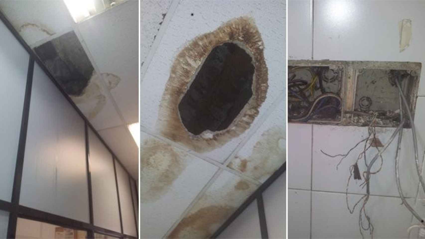 De izquierda a derecha: restos de goteras no resueltas, un agujero en el techo y cables saliendo de un enchufe en instalaciones de los Mossos d'Esquadra en la cárcel Modelo