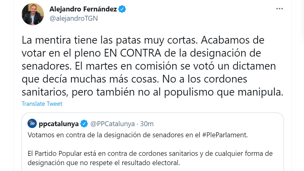 Mensaje del líder del PP en el Parlament, Alejandro Fernández / @alejandroTGN