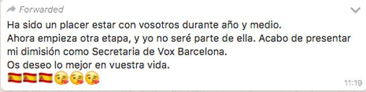 Mensaje de dimisión enviado por Francisca Soler, secretaria y responsable económica de Vox Barcelona / CG