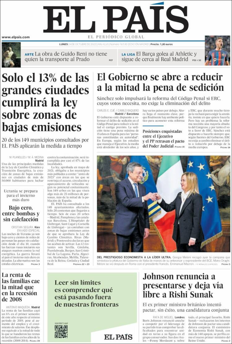 Portada de 'El País' de 24 de octubre de 2022 / KIOSKO.NET