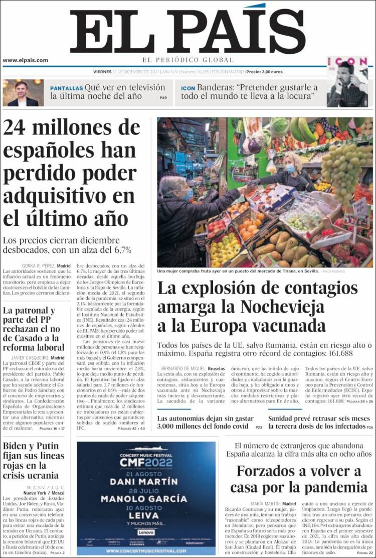 Portada de 'El País' del 31 de diciembre de 2021 / KIOSKO