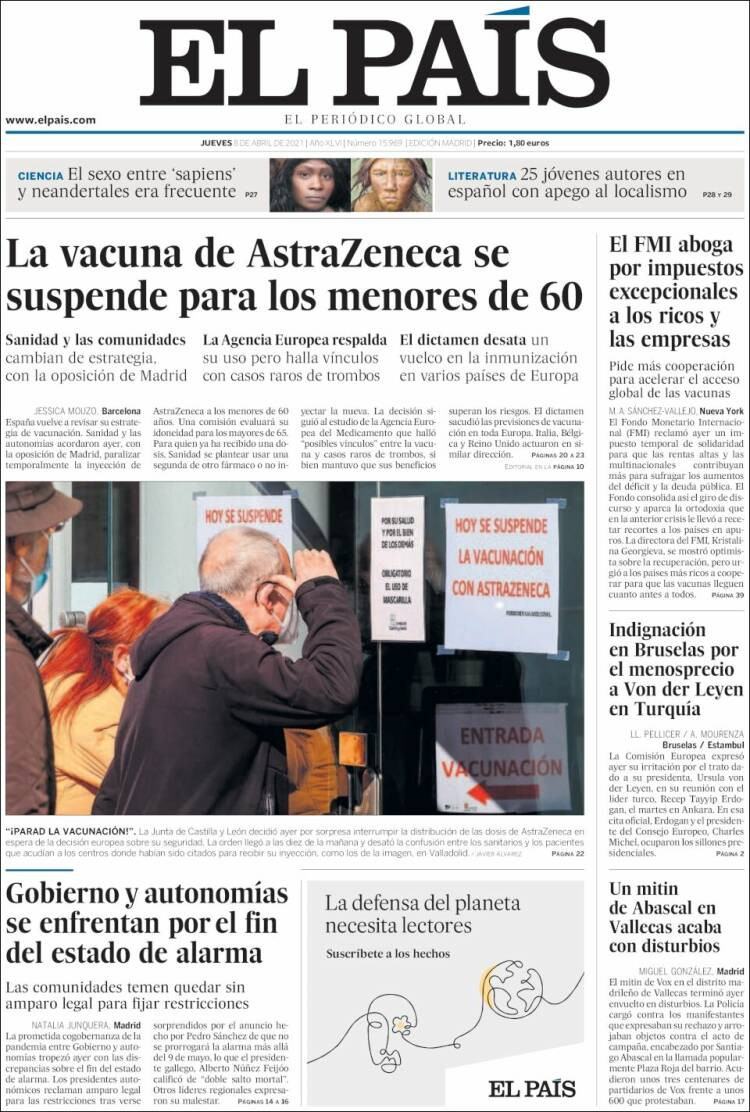 Portada de 'El País' del 8 de abril de 2021 / EL PAÍS