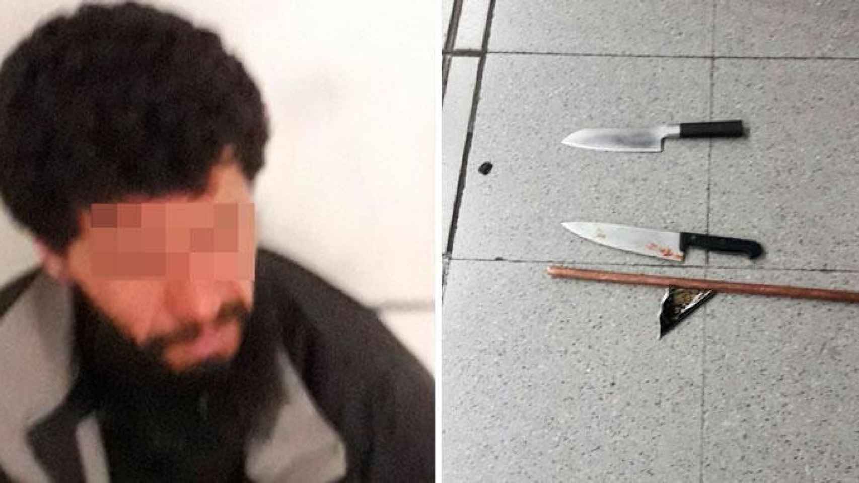 Imagen del individuo interceptado por los Mossos d'Esquadra y los cuchillos que portaba en el andén del Metro de Barcelona / CG