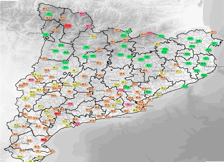 El Mapa de Meteocat con la potencia de las rachas de viento registradas en Cataluña / CG