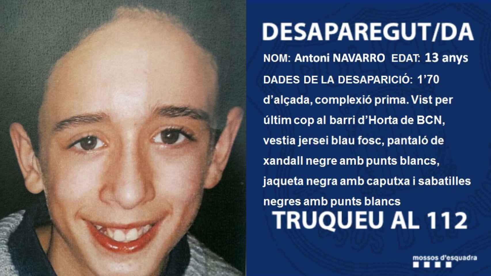Una foto de la imagen del desaparecido difundida por los Mossos d'Esquadra