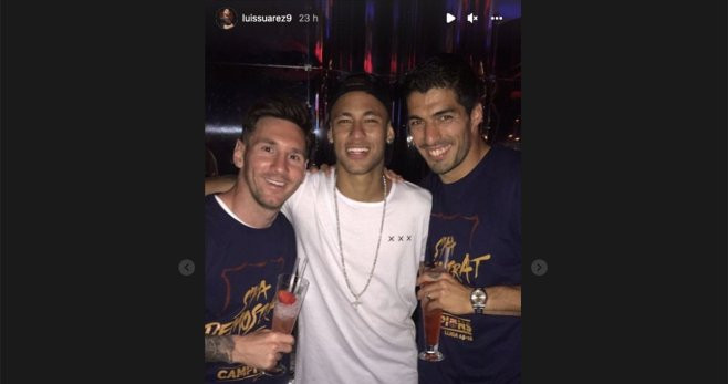 Luis Suárez, junto a Neymar Jr y Leo Messi de fiesta / Instagram