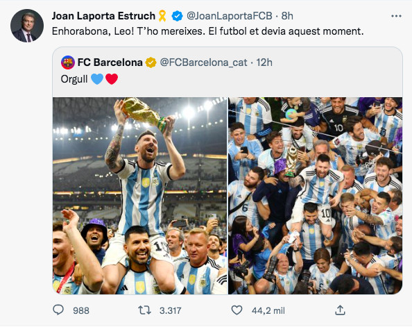 Laporta felicita a Messi a través de Twitter / TWITTER