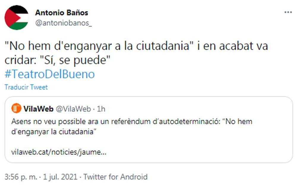 Antonio Baños, criticando a Jaume Asens en Twitter