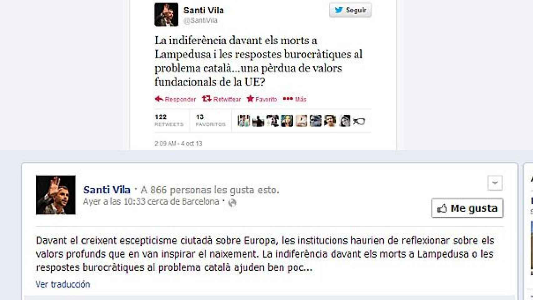 Capturas de las cuentas de Twitter y Facebook del consejero de Territorio y Sostenibilidad, Santi Vila