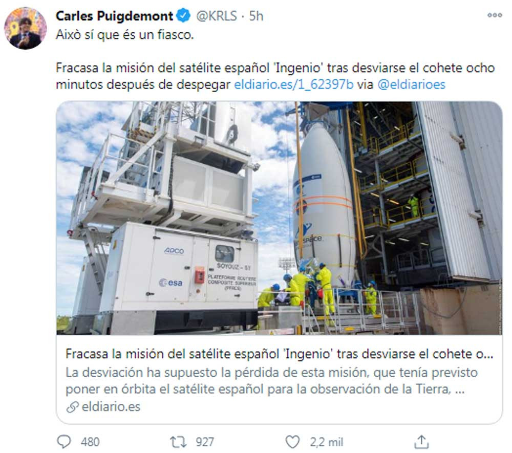 Tuit de Puigdemont criticando el fiasco del plan europeo para poner en órbita un satélite español