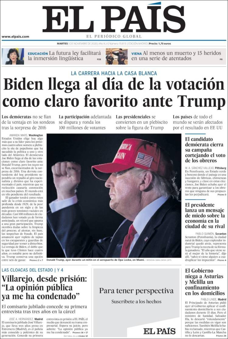Portada de 'El País' del martes 3 de noviembre