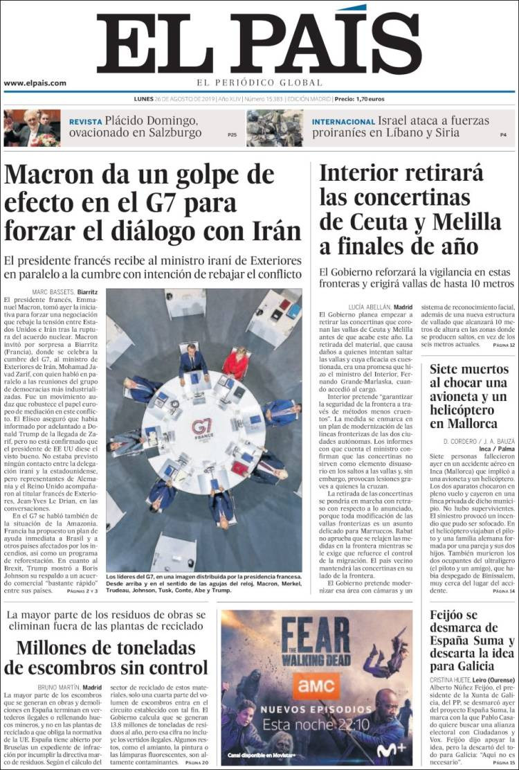 Portada de 'El País' del lunes 26 de agosto