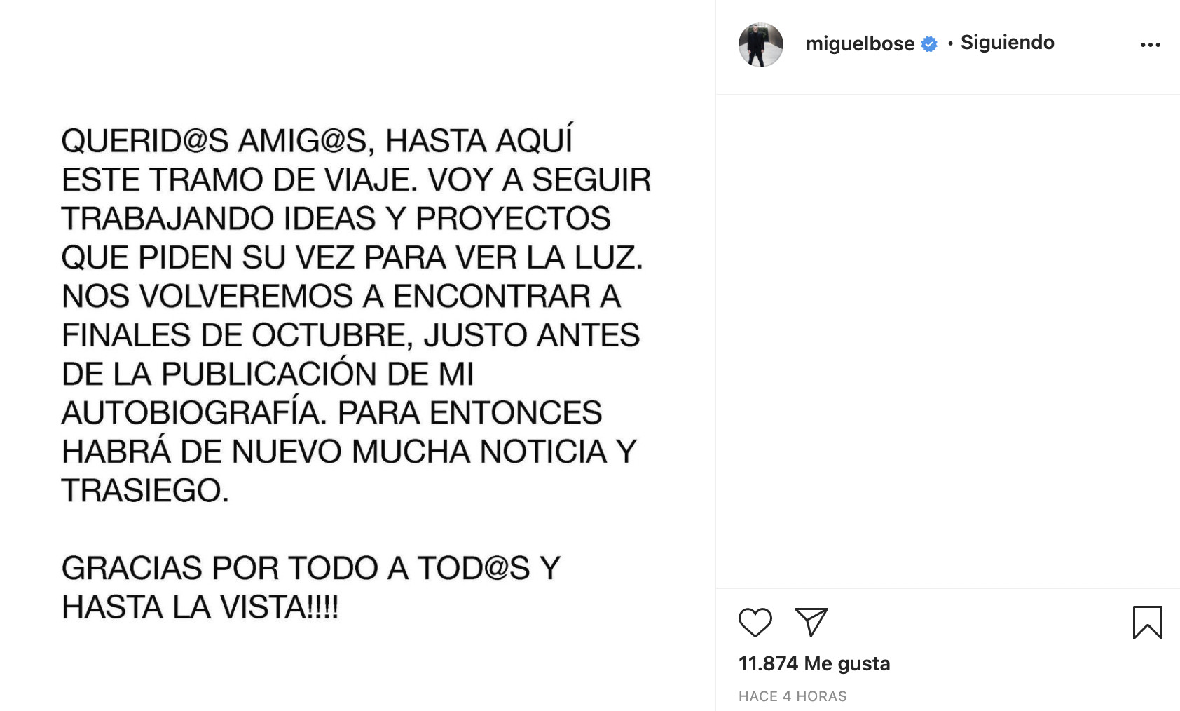 Publicación de Miguel Bosé en Instagram / @miguelbose
