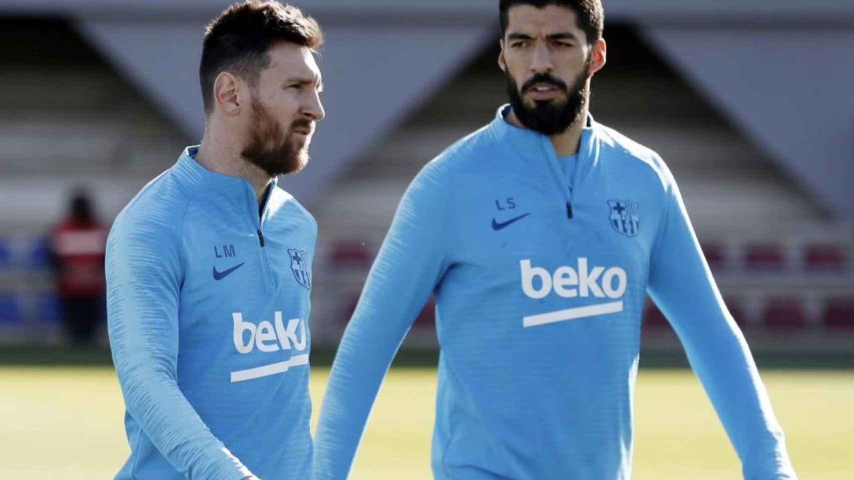 Una foto de Luis Suárez y Leo Messi durante un entrenamiento del Barça / FCB