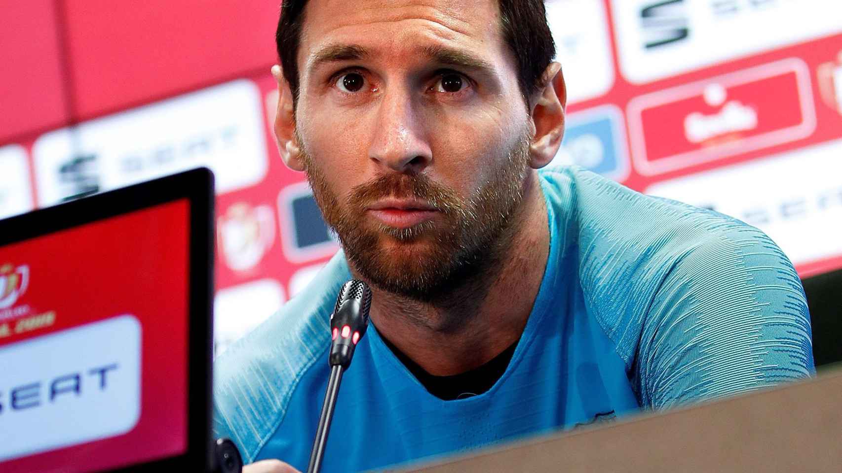 Una foto de Leo Messi durante la rueda de prensa previa a la final de la Copa del Rey / EFE