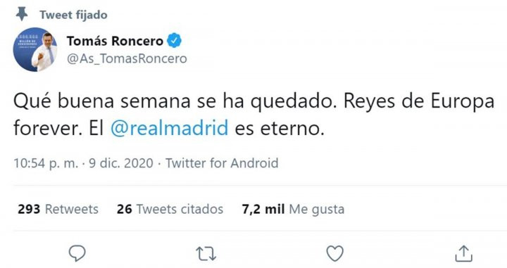 El tweet fijado de Tomás Roncero / Redes