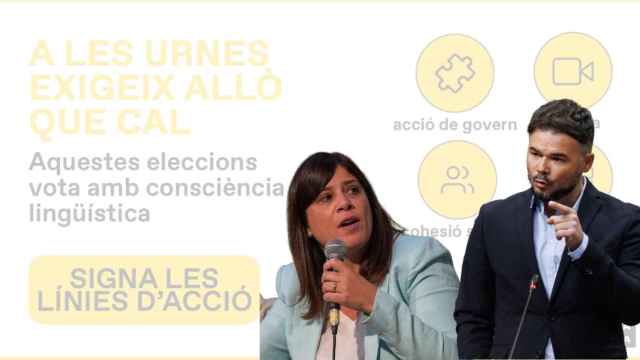 Los candidatos Gemma Geis y Gabriel Rufián, junto a la imagen de una campaña de Plataforma per la Llengua / FOTOMONTAJE CG
