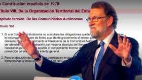 El ex-presidente español Mariano Rajoy, con el artículo 155 de la Constitución al fondo / CG